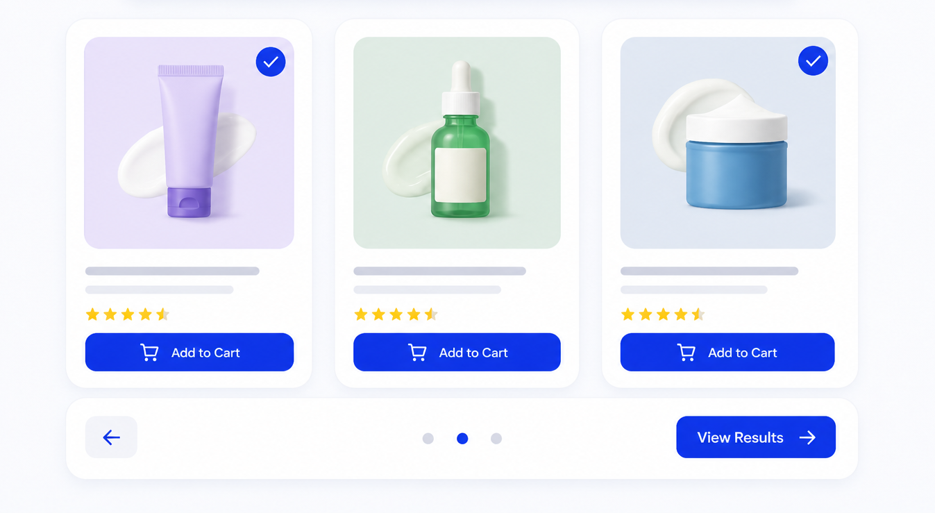 Personalized product quiz results with variant selection and add to cart